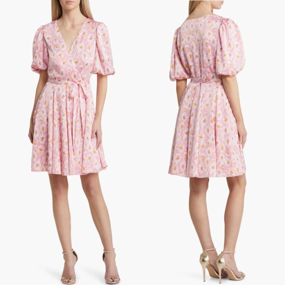 Charles Henry Dress Floral Print Faux Wrap Mini Pink Daisies NWOT M